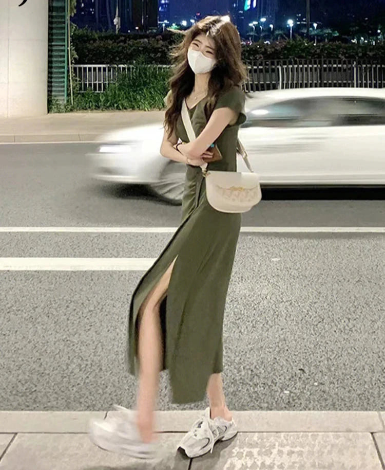 Chic Green Slim Waist Elegant Women's Dresses Summer Pleated Slight Stretch Sexy Fashion Female Dresses High Street