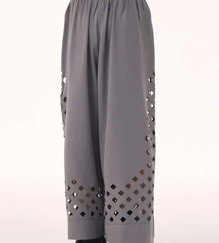 High Elastic Waist Gray Hollow Out Long Wide Leg Casual Pants New Trousers Women Fashion Tide Spring Autumn 2025  1DH9432