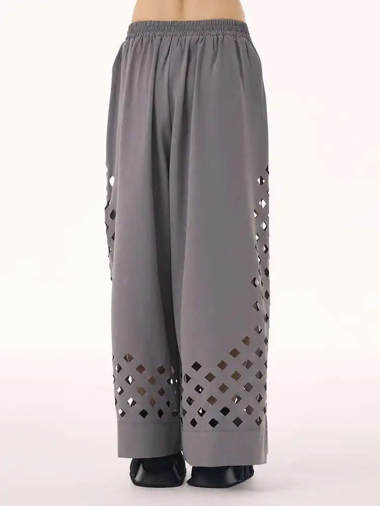 High Elastic Waist Gray Hollow Out Long Wide Leg Casual Pants New Trousers Women Fashion Tide Spring Autumn 2025  1DH9432