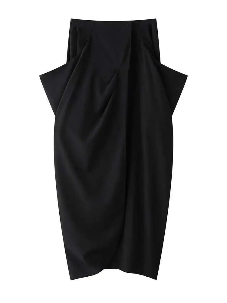 High Waist Black Pleated Shaped Irregular Elegant Long Half-body Skirt Women Fashion Tide New Spring Autumn 2025 1DH9092