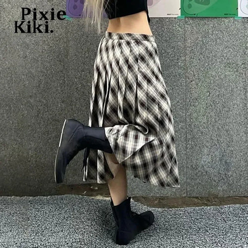 Load image into Gallery viewer, Y2k Retro Plaid Print Pleated Long Skirt Preppy Style Low Waisted A Line Skirts for Woman Bottoms P84-EZ36
