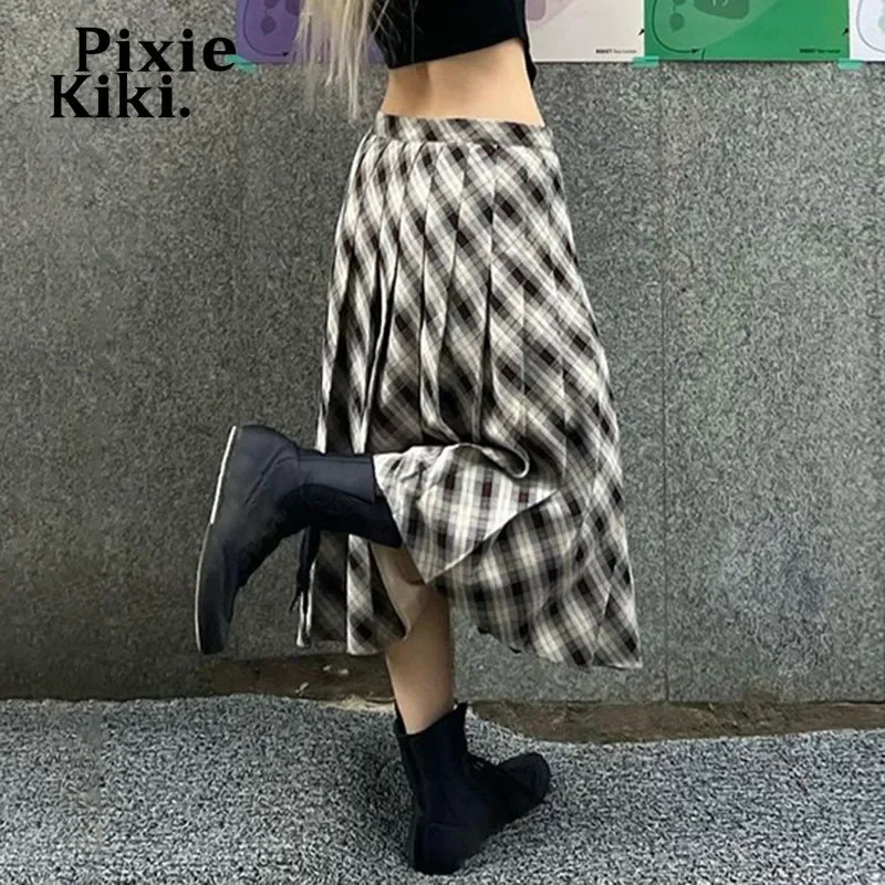 Y2k Retro Plaid Print Pleated Long Skirt Preppy Style Low Waisted A Line Skirts for Woman Bottoms P84-EZ36