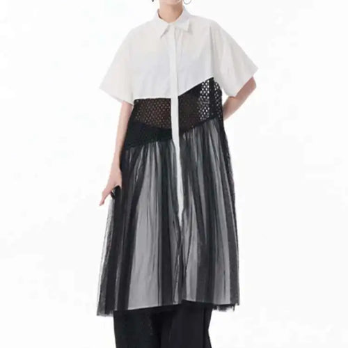 Load image into Gallery viewer, Women White Mesh Color-block Big Size Midi Shirt Dress New Lapel Short Sleeve Fashion Tide Spring Summer 2025 1DJ0045
