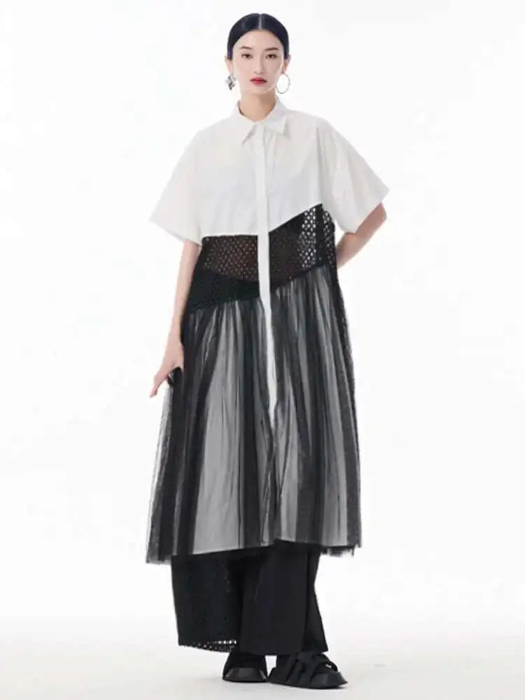 Women White Mesh Color-block Big Size Midi Shirt Dress New Lapel Short Sleeve Fashion Tide Spring Summer 2025 1DJ0045