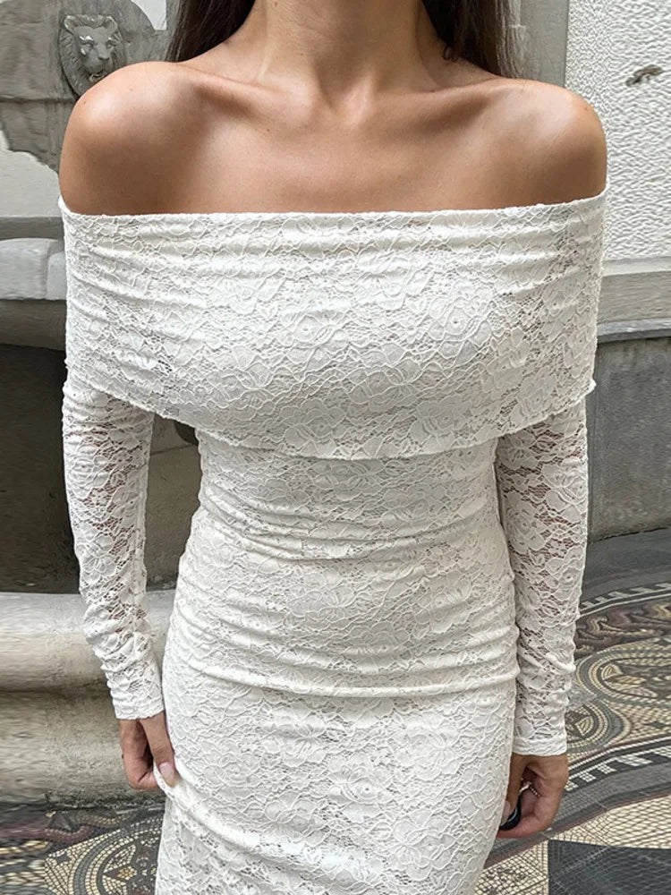 Lace Off-shoulder Sexy Maxi Dress For Women White Strapless Long Sleeve Backless Bodycon Club Party Sexy Long Dress