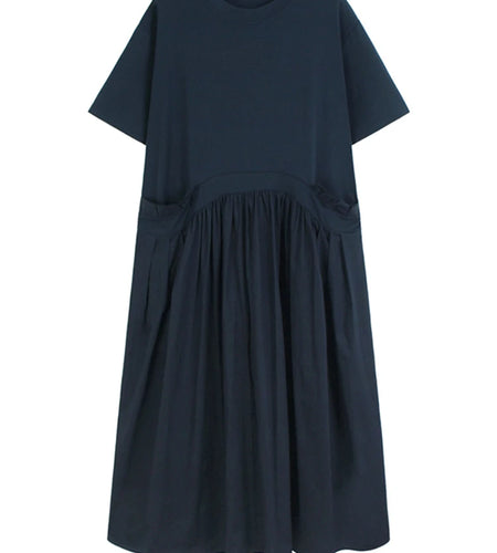 Women Blue Ruffles Spliced Pocket Big Size Midi Dress New Round Neck Short Sleeve Fashion Tide Spring Summer 2025 1DJ1325