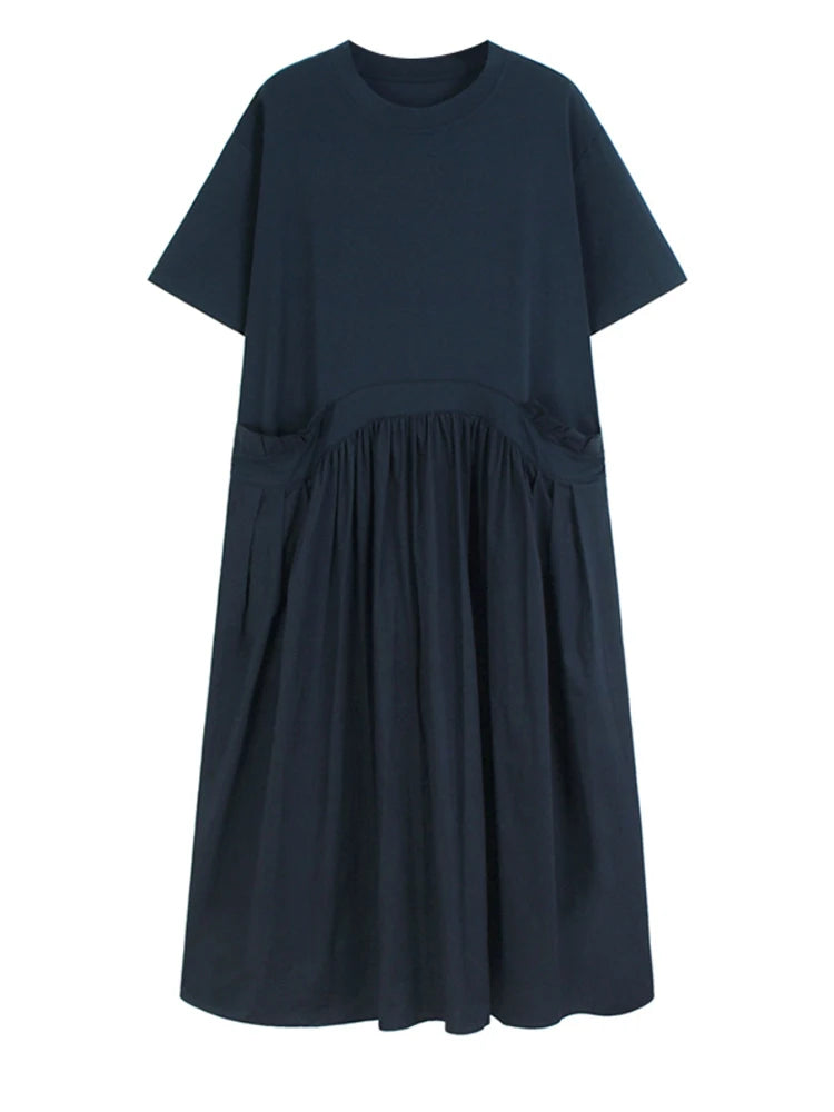 Women Blue Ruffles Spliced Pocket Big Size Midi Dress New Round Neck Short Sleeve Fashion Tide Spring Summer 2025 1DJ1325
