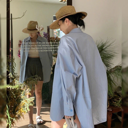 French Style Blue Polo Shirt Office Lady Chic Single Breasted Drop Sleeves Fashion Casual Basic Women Shirts Solid Color