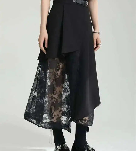 High Elastic Waist Black Spliced Mesh Irregular Casual Half-body Skirt Women Fashion Tide New Spring Autumn 2025 1DF6873