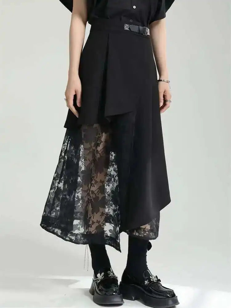 High Elastic Waist Black Spliced Mesh Irregular Casual Half-body Skirt Women Fashion Tide New Spring Autumn 2025 1DF6873