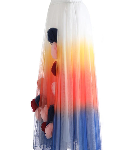 High Elastic Waist Blue 3D Flower Gradual Color Mesh A-line Half-body Skirt Women Fashion New Spring Autumn 2025  1DJ1259