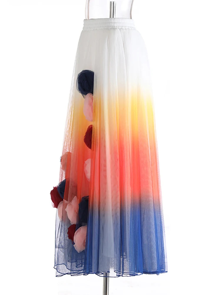 High Elastic Waist Blue 3D Flower Gradual Color Mesh A-line Half-body Skirt Women Fashion New Spring Autumn 2025  1DJ1259