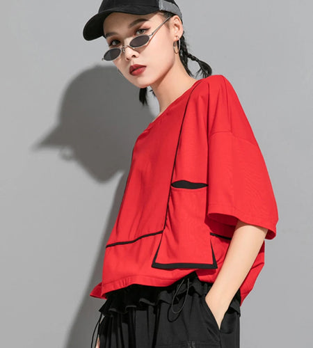 Women Red Pocket Split Joint Big Size T-shirt New Round Neck Three-quarter Sleeve Fashion Tide Spring Summer 2025 1U622