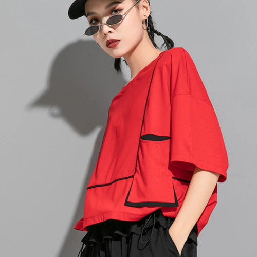 Load image into Gallery viewer, Women Red Pocket Split Joint Big Size T-shirt New Round Neck Three-quarter Sleeve Fashion Tide Spring Summer 2025 1U622
