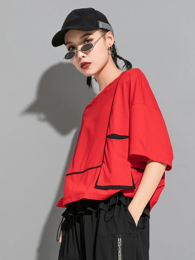 Women Red Pocket Split Joint Big Size T-shirt New Round Neck Three-quarter Sleeve Fashion Tide Spring Summer 2025 1U622