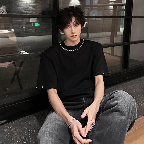 Load image into Gallery viewer, Men's T-shirts Short Sleeve Trendy Round Neck Rivet Pearl Design New Summer Korean Style Pullover Male Loose Tees 9W1913
