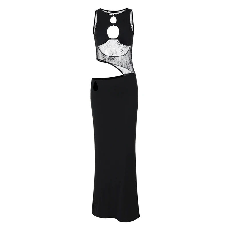 Hollow Out Sleeveless Sexy Maxi Dress For Women Black O Neck See Through Lace Backless Bodycon Club Long Dress Fashion