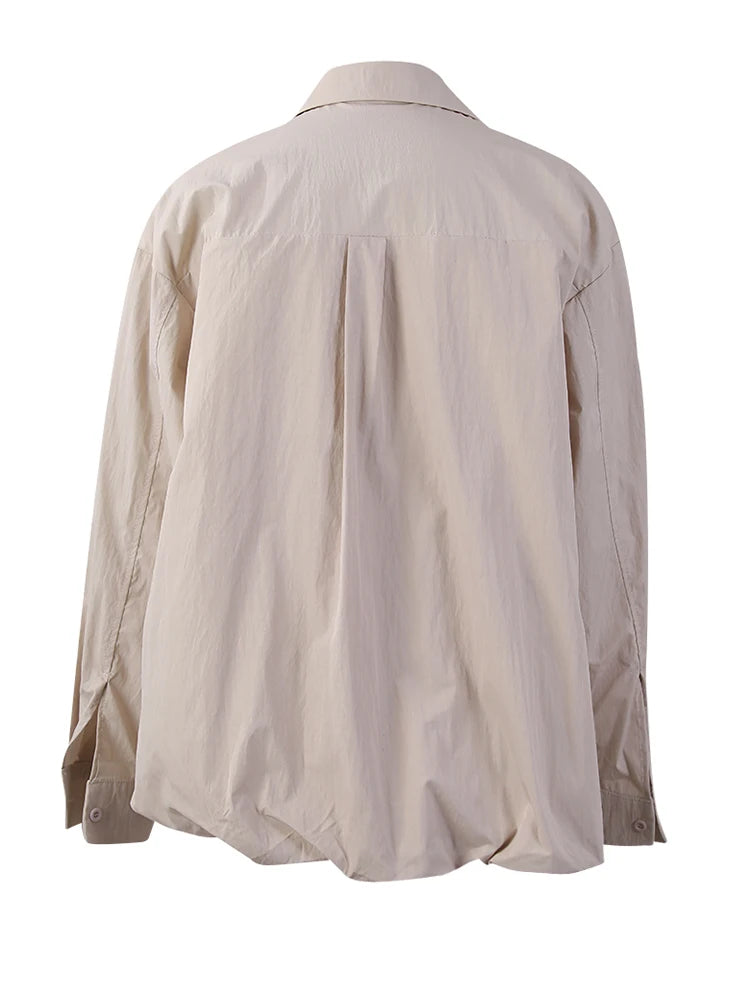 Women Khaki Gray Pleated Belted Big Size Bud Blouse New Lapel Long Sleeve Shirt Fashion Tide Spring Autumn 2025 WQ20452