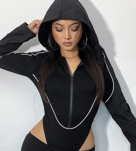 Streetwear Cargo Style Hooded Black Bodysuit Women Stripe Stitching Zipper Bodycon Body Fashion Moto Autumn Jumpsuit