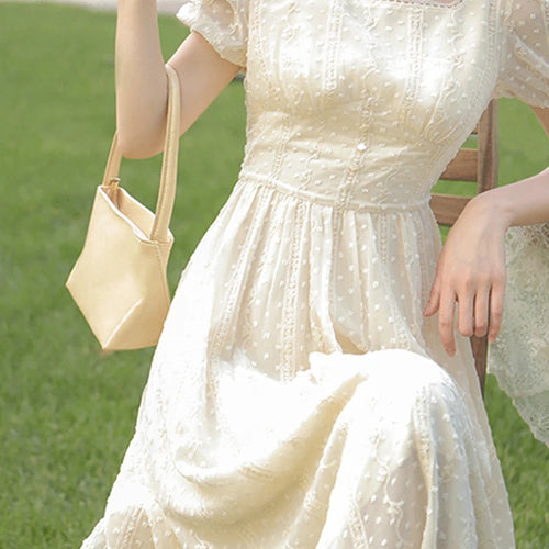 Load image into Gallery viewer, White Square Neck Puff Sleeve Women&#39;s Dresses French Style Solid Color Fashion Elegant Office Ladies Summer Slim Dress
