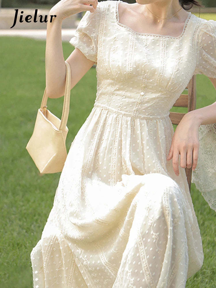 White Square Neck Puff Sleeve Women's Dresses French Style Solid Color Fashion Elegant Office Ladies Summer Slim Dress