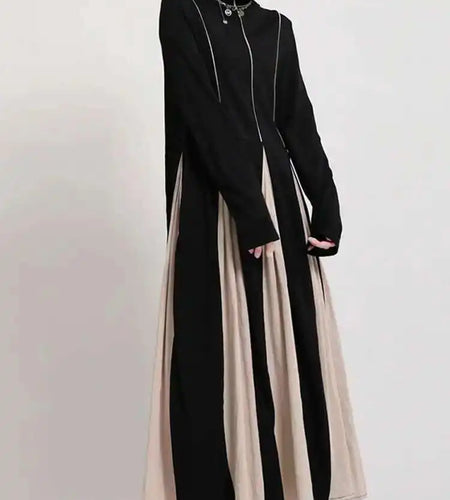 Women Black White Contrast Color Long Dress New Turtleneck Long Sleeve Loose Fit Fashion Tide Autumn Winter 2025  1DD2153