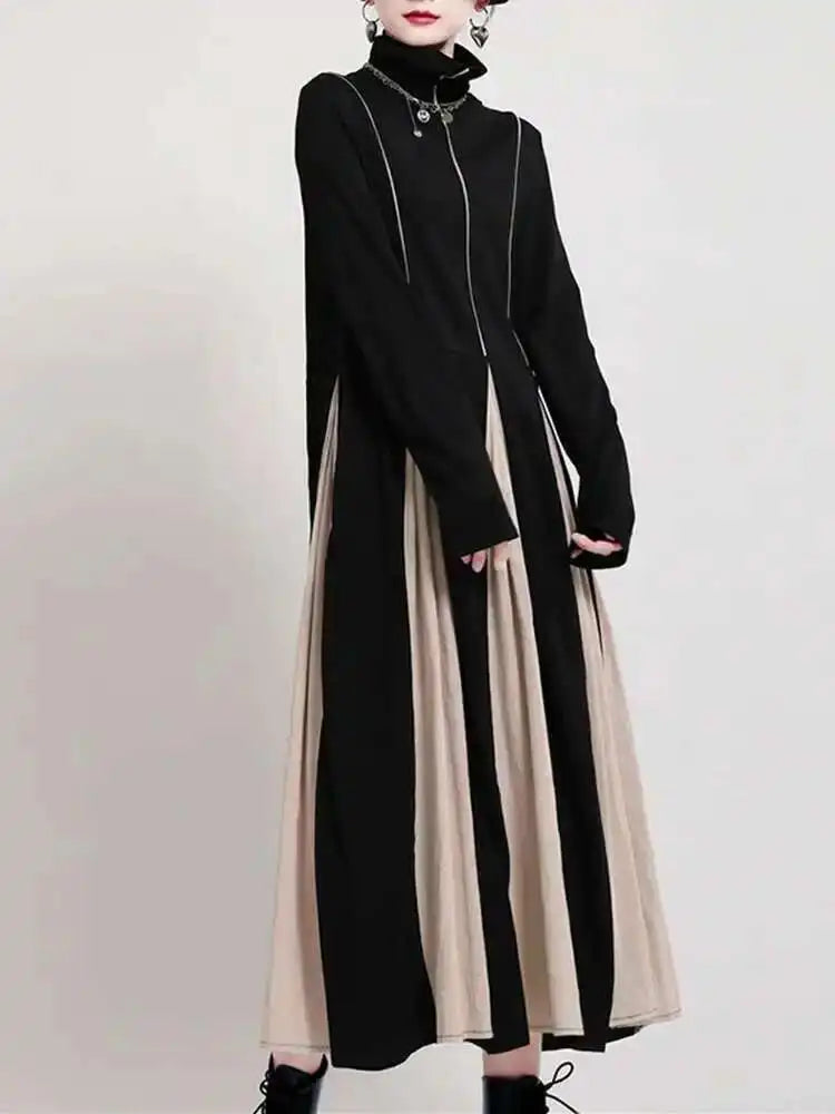 Women Black White Contrast Color Long Dress New Turtleneck Long Sleeve Loose Fit Fashion Tide Autumn Winter 2025  1DD2153