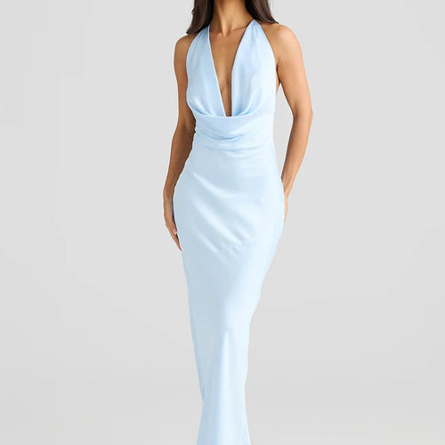 Load image into Gallery viewer, Satin Halter Backless Sexy Maxi Dress Women Gown Elegant Solid Sleeveless Lace-up High Waist Evening Club Long Dress
