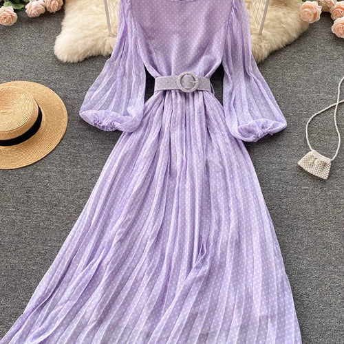 Load image into Gallery viewer, Vintage Pleated Dress for Women Polka Pot Puff Long Sleeve O Neck Elegant A Line Dresses 2023 High Waisted Casual Dress
