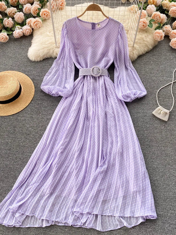 Vintage Pleated Dress for Women Polka Pot Puff Long Sleeve O Neck Elegant A Line Dresses 2023 High Waisted Casual Dress