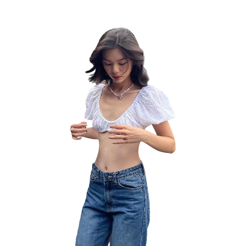 y2k Tops Women Fairycore Clothes Hollow Lace Embroidery Scoop Neck Short Bubble Sleeve T Shirt Summer Vest Streetwear