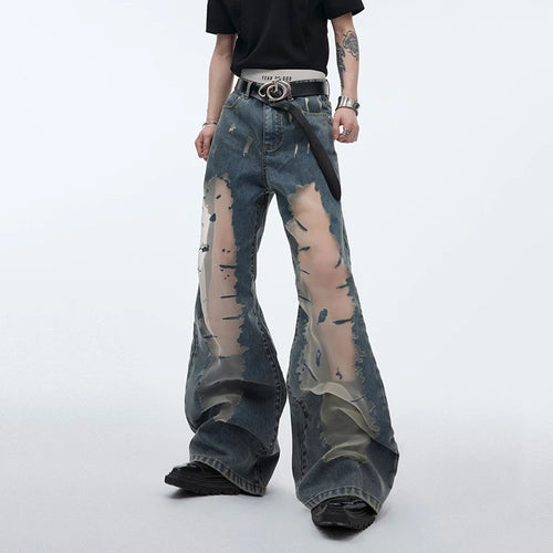 Load image into Gallery viewer, Men&#39;s Mesh Spliced Jeans Hollowed Out Gradual Niche Design Flare Pants Denim Patchwork Male Summer Fashion Trend 24Y165
