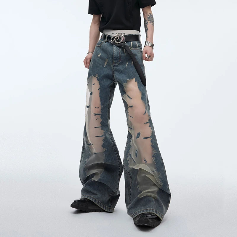 Men's Mesh Spliced Jeans Hollowed Out Gradual Niche Design Flare Pants Denim Patchwork Male Summer Fashion Trend 24Y165