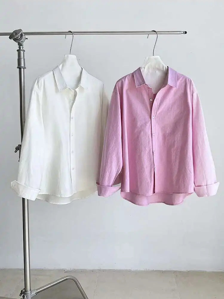 Women White Brief Plain Color Big Size Casual Blouse New Lapel Long Sleeve Shirt Fashion Tide Spring Autumn 2025 1DJ0744