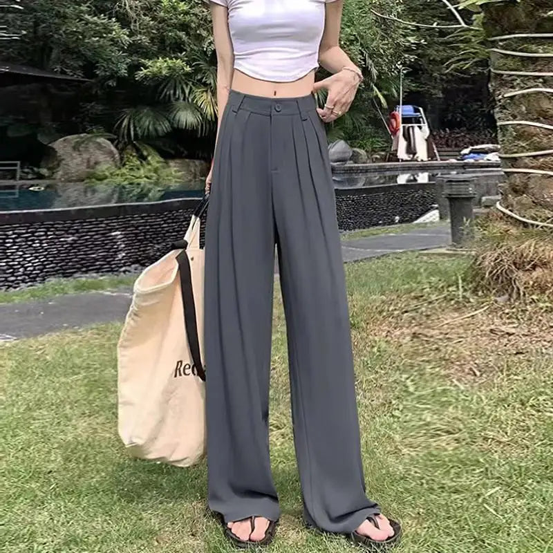 Fashion Solid Button Versatile Wide Leg Long Pant Women's Spring Summer High Waist Baggy straight Pleated Trousers Streetwear