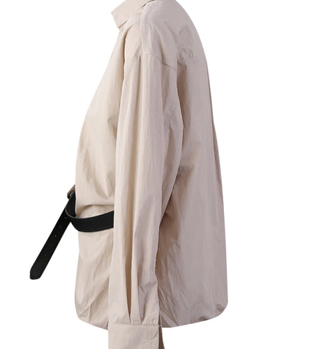 Women Khaki Gray Pleated Belted Big Size Bud Blouse New Lapel Long Sleeve Shirt Fashion Tide Spring Autumn 2025 WQ20452