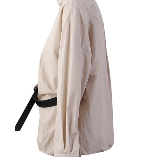 Load image into Gallery viewer, Women Khaki Gray Pleated Belted Big Size Bud Blouse New Lapel Long Sleeve Shirt Fashion Tide Spring Autumn 2025 WQ20452
