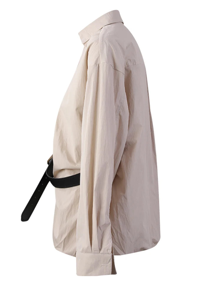 Women Khaki Gray Pleated Belted Big Size Bud Blouse New Lapel Long Sleeve Shirt Fashion Tide Spring Autumn 2025 WQ20452