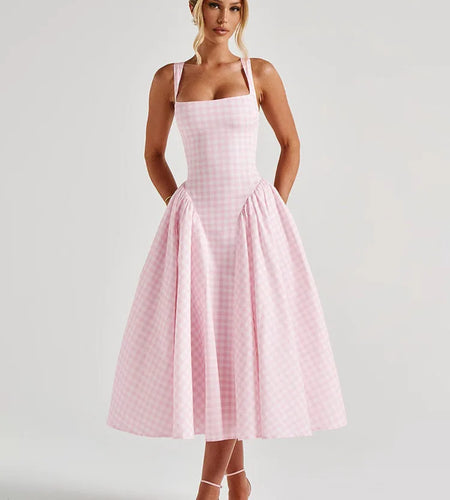 Plaid Printed Maxi Dress For Women Gown Summer New Spaghetti Strap High Waist A-line Backless Club Long Dress Vestido