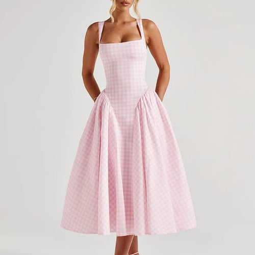 Load image into Gallery viewer, Plaid Printed Maxi Dress For Women Gown Summer New Spaghetti Strap High Waist A-line Backless Club Long Dress Vestido
