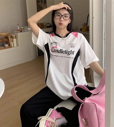 Women Clothing Patchwork Letter Women T Shirts Y2k Tops O-neck Short Sleeve Cotton Tees Fashion Casual Summer Tshirt Ropa  Mujer