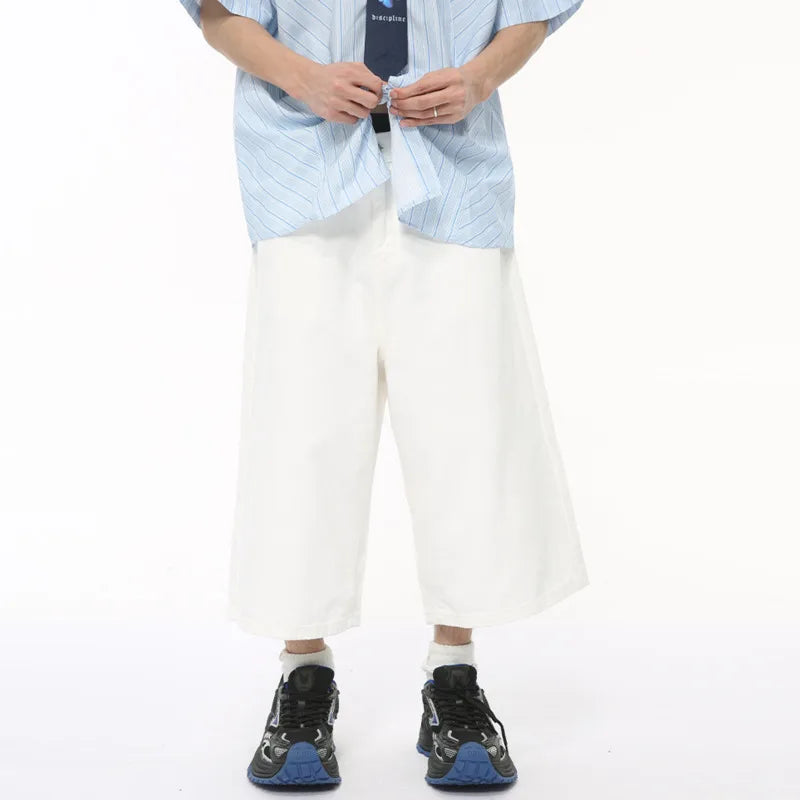 Korean Design Male Jeans Calf-length Pants Loose Wide Leg Trousers Straight Solid Color Male Bottom Summer 9C6431