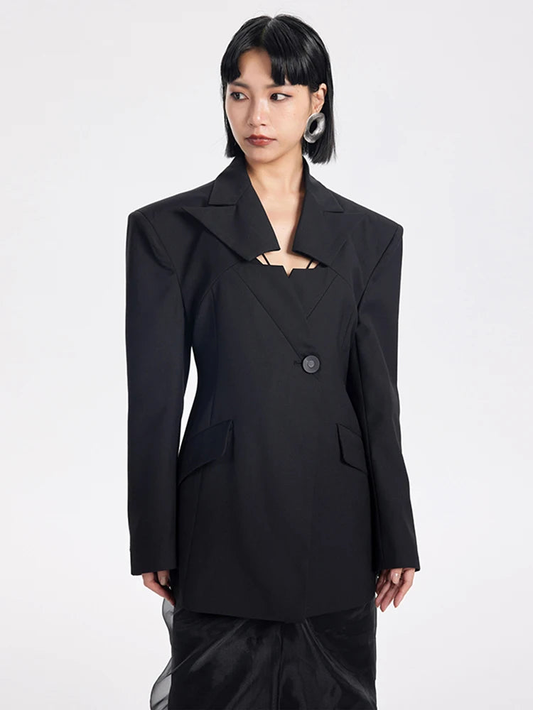 Women Black Hollow Out Elegant Single Button Blazer New V-neck Long Sleeve Jacket Fashion Tide Spring Autumn 2025 CPDB138