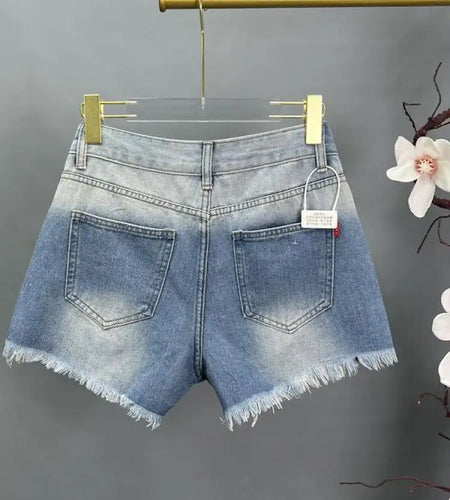 Korean Vintage 2024 Women Blue Gradient Diamond Hole Denim Shorts Autumn High Waist Vacation Wide Leg Jean Short Pant Streetwear