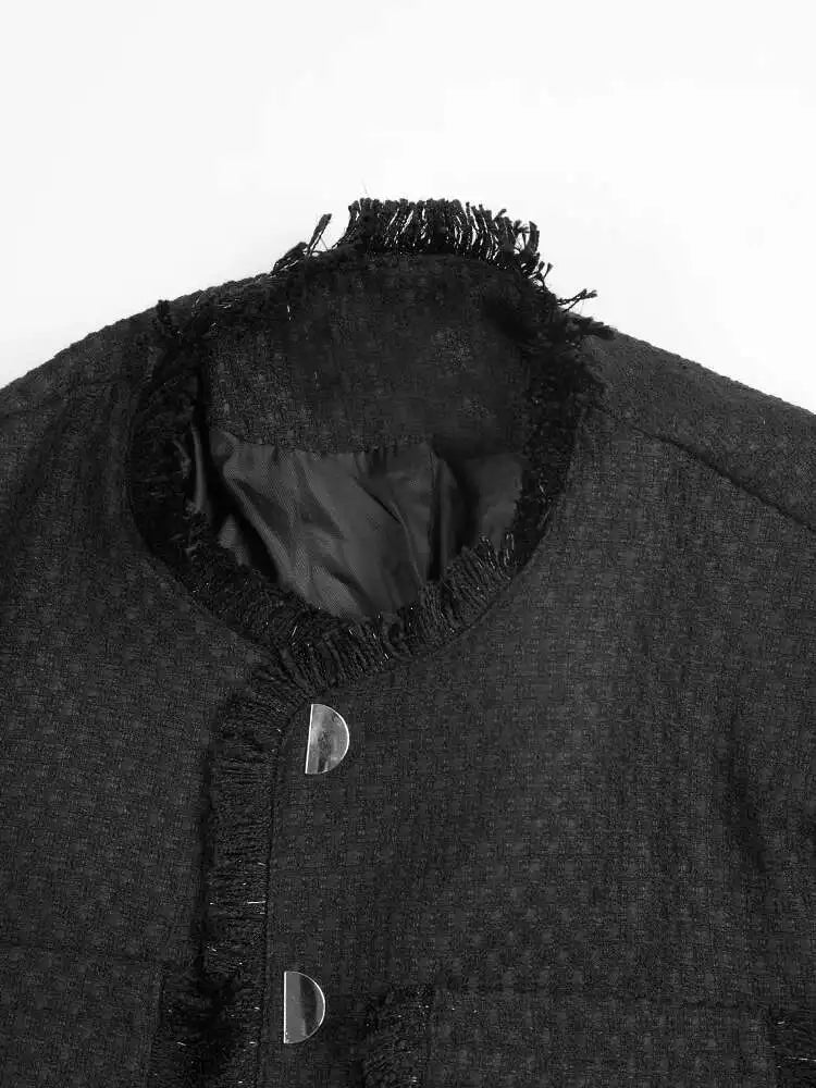 Black Burr Big Size Elegant Woolen Coat New Lapel Long Sleeve Women Jacket Fashion Tide Autumn Winter 2025 1DF6397