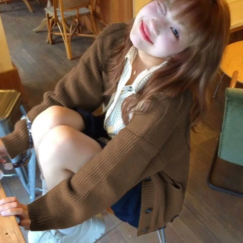 Load image into Gallery viewer, Autumn Sweet Y2k Aesthetic Casual Knitted Cardigans 2025 Grunge Gentle Solid All Match Tops Harajuku Loose V Neck Sweater Women
