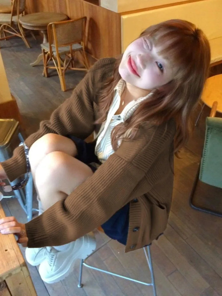 Autumn Sweet Y2k Aesthetic Casual Knitted Cardigans 2025 Grunge Gentle Solid All Match Tops Harajuku Loose V Neck Sweater Women