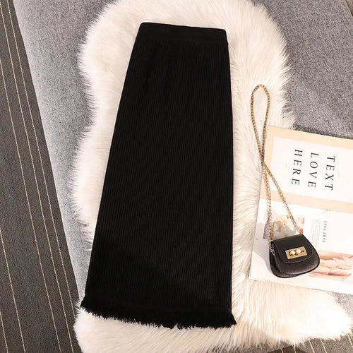 Load image into Gallery viewer, Solid Tassel Split Long Skirts Women Warm Cozy Elegant Casual All-match Korean Elastic Waist A-line Knitted Wrap Hip Skirt Trend
