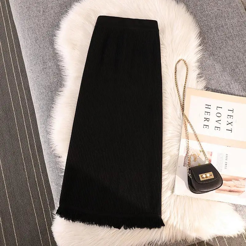 Solid Tassel Split Long Skirts Women Warm Cozy Elegant Casual All-match Korean Elastic Waist A-line Knitted Wrap Hip Skirt Trend