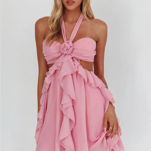 Load image into Gallery viewer, Rose Halter Backless Sexy Mini Dress Women Pink Off-shoulder Strapless Sleeveless High Waist Club Party Beach Dress
